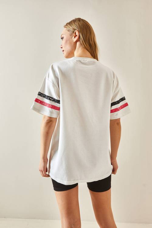 Beyaz Bisiklet Yaka Önü Baskılı Oversize Tişört 4KXK1-47926-01 - 6