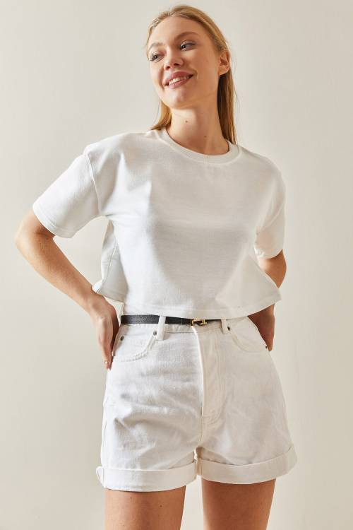 Beyaz Bisiklet Yaka Oversize Crop Tişört 4KXK1-47899-01 - 3
