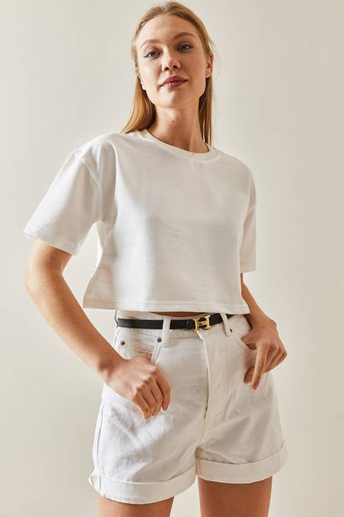 Beyaz Bisiklet Yaka Oversize Crop Tişört 4KXK1-47899-01 - 4