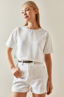 Beyaz Bisiklet Yaka Oversize Crop Tişört 4KXK1-47899-01 - 5