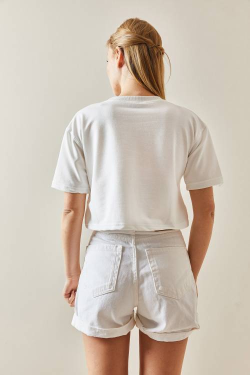 Beyaz Bisiklet Yaka Oversize Crop Tişört 4KXK1-47899-01 - 6