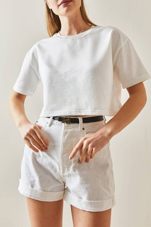 Beyaz Bisiklet Yaka Oversize Crop Tişört 4KXK1-47899-01 - 1