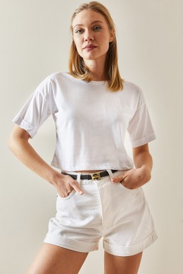 Beyaz Bisiklet Yaka Oversize Kolları Katlı Crop Tişört 4KXK1-47900-01 