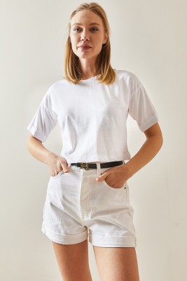 Beyaz Bisiklet Yaka Oversize Kolları Katlı Crop Tişört 4KXK1-47900-01 - 3