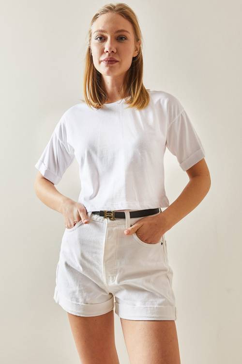 Beyaz Bisiklet Yaka Oversize Kolları Katlı Crop Tişört 4KXK1-47900-01 - 3