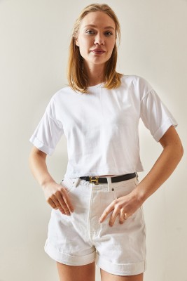 Beyaz Bisiklet Yaka Oversize Kolları Katlı Crop Tişört 4KXK1-47900-01 - 4