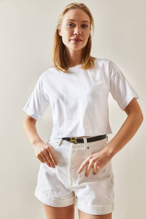Beyaz Bisiklet Yaka Oversize Kolları Katlı Crop Tişört 4KXK1-47900-01 - 4