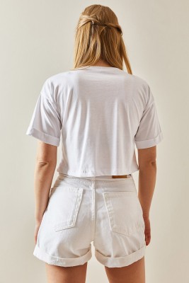 Beyaz Bisiklet Yaka Oversize Kolları Katlı Crop Tişört 4KXK1-47900-01 - 6
