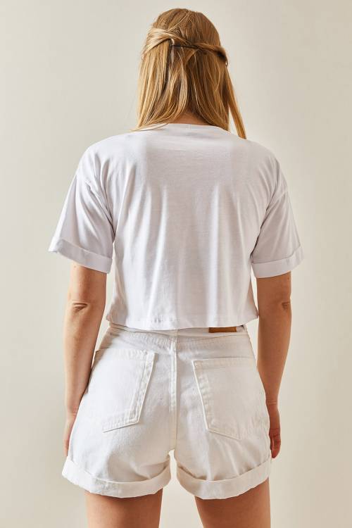 Beyaz Bisiklet Yaka Oversize Kolları Katlı Crop Tişört 4KXK1-47900-01 - 6