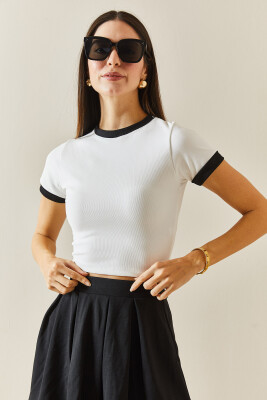 Beyaz Bisiklet Yaka Ribanalı Crop Bluz 5YXK2-48319-01 - 3
