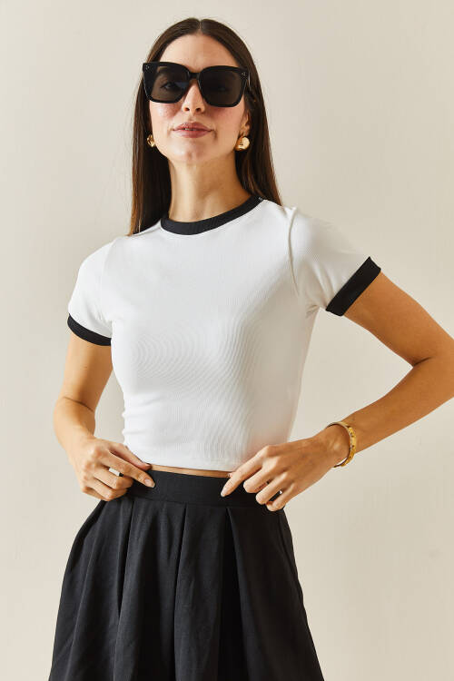 Beyaz Bisiklet Yaka Ribanalı Crop Bluz 5YXK2-48319-01 - 3