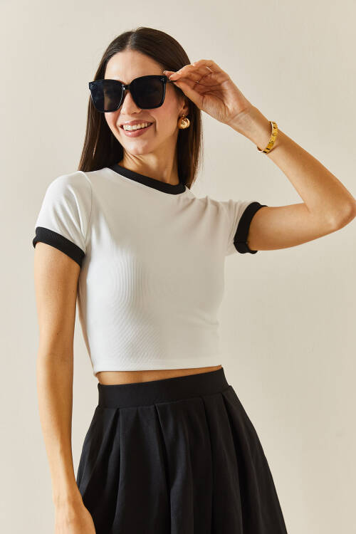 Beyaz Bisiklet Yaka Ribanalı Crop Bluz 5YXK2-48319-01 - 5