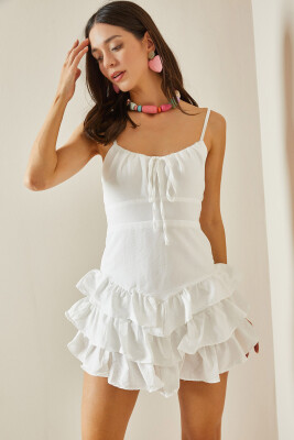 Beyaz Büzgülü & Fırfırlı Mini Elbise 5YXK6-48656-01 - 2