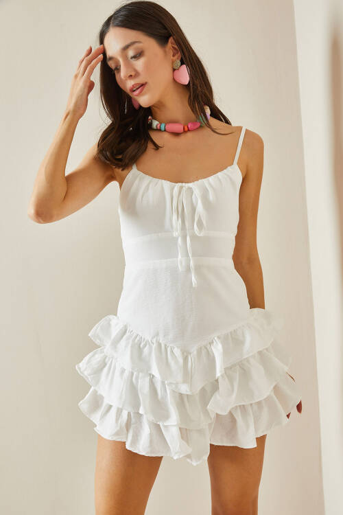 Beyaz Büzgülü & Fırfırlı Mini Elbise 5YXK6-48656-01 - 2
