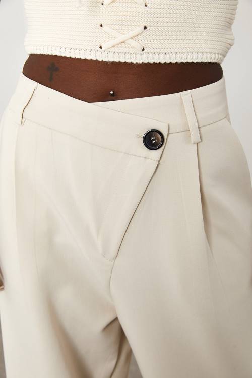 Beyaz Çapraz Düğmeli Kumaş Pantolon 1KXK5-44779-01 - 6