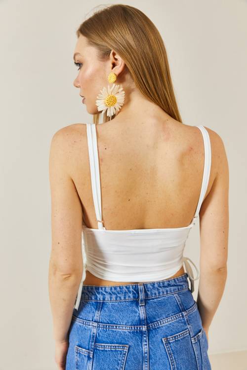 Beyaz Degaje Yaka Yanı Büzgülü Crop Bluz 3YXK2-46885-01 - 5