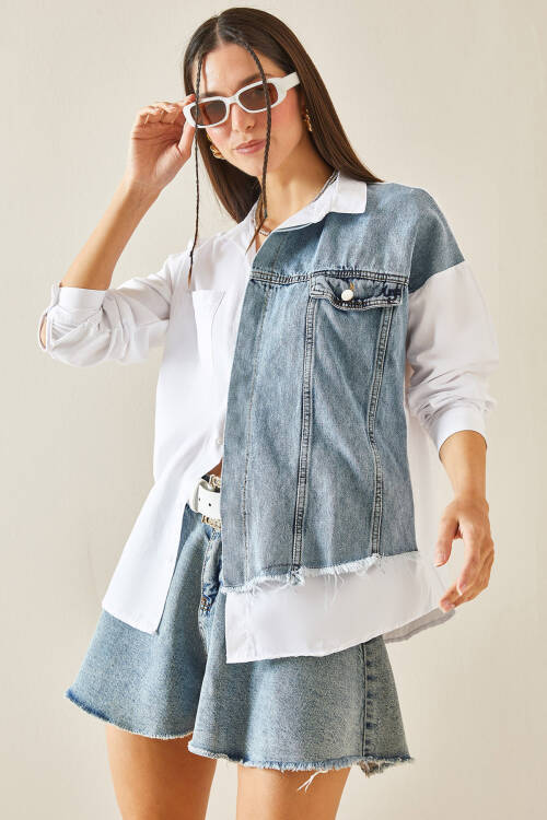 Beyaz Denim Detaylı Oversize Cepli Gömlek 5YXK2-48431-01 - 2