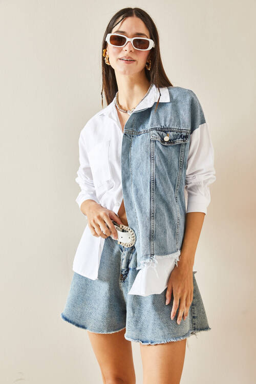 Beyaz Denim Detaylı Oversize Cepli Gömlek 5YXK2-48431-01 - 3