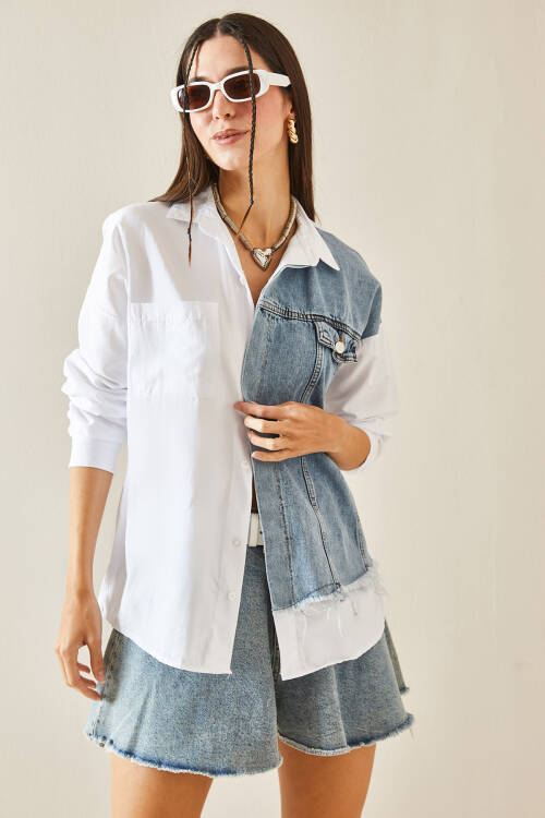 Beyaz Denim Detaylı Oversize Cepli Gömlek 5YXK2-48431-01 - 4