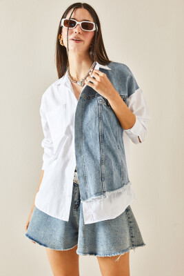 Beyaz Denim Detaylı Oversize Cepli Gömlek 5YXK2-48431-01 - 5