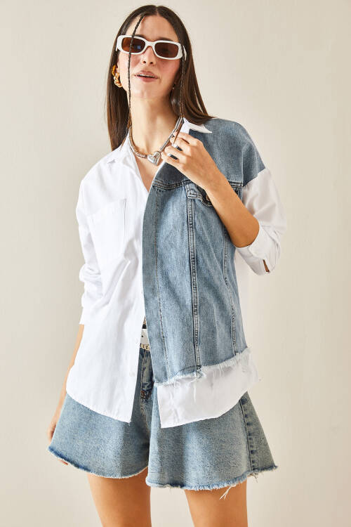 Beyaz Denim Detaylı Oversize Cepli Gömlek 5YXK2-48431-01 - 5