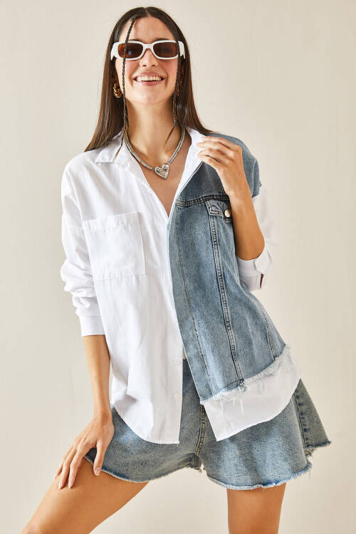 Beyaz Denim Detaylı Oversize Cepli Gömlek 5YXK2-48431-01 - 6