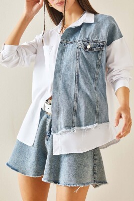 Beyaz Denim Detaylı Oversize Cepli Gömlek 5YXK2-48431-01 - XHAN