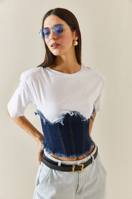 Beyaz Denim Detaylı Vatkalı Crop Tişört 5YXK1-48309-01 - 4