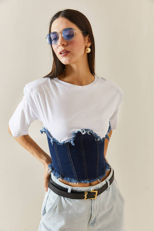 Beyaz Denim Detaylı Vatkalı Crop Tişört 5YXK1-48309-01 - 4