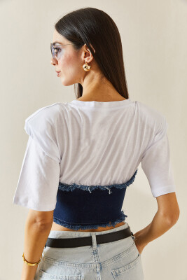 Beyaz Denim Detaylı Vatkalı Crop Tişört 5YXK1-48309-01 - 8