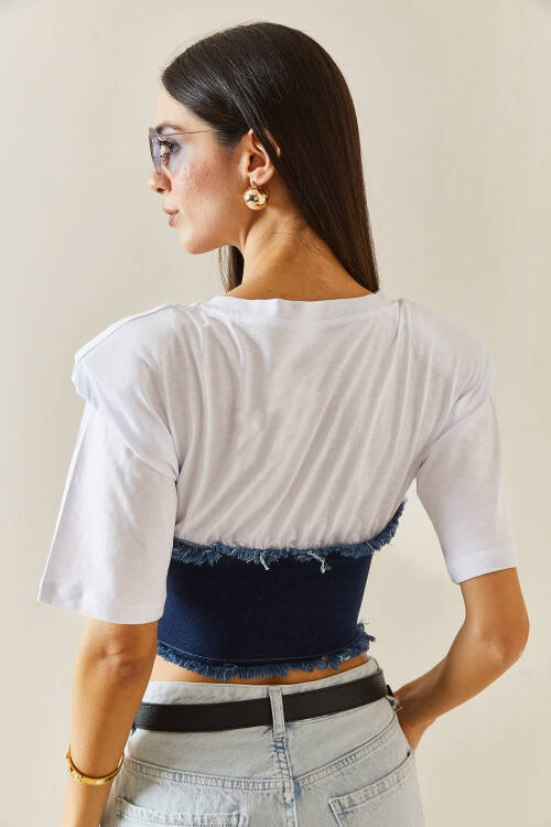 Beyaz Denim Detaylı Vatkalı Crop Tişört 5YXK1-48309-01 - 8