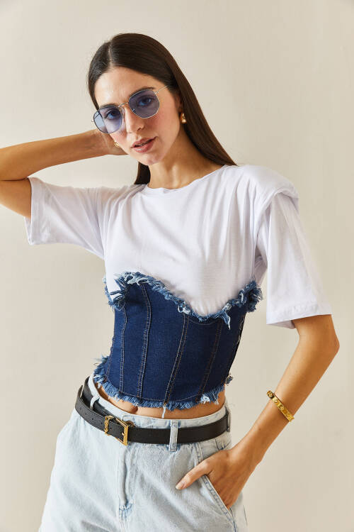 Beyaz Denim Detaylı Vatkalı Crop Tişört 5YXK1-48309-01 - 5