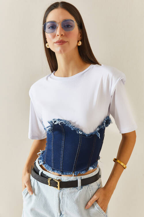 Beyaz Denim Detaylı Vatkalı Crop Tişört 5YXK1-48309-01 - 2