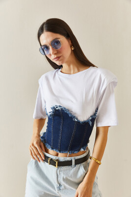 Beyaz Denim Detaylı Vatkalı Crop Tişört 5YXK1-48309-01 - 6
