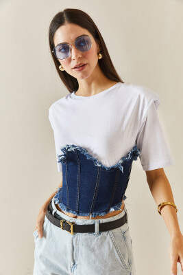 Beyaz Denim Detaylı Vatkalı Crop Tişört 5YXK1-48309-01 - 3