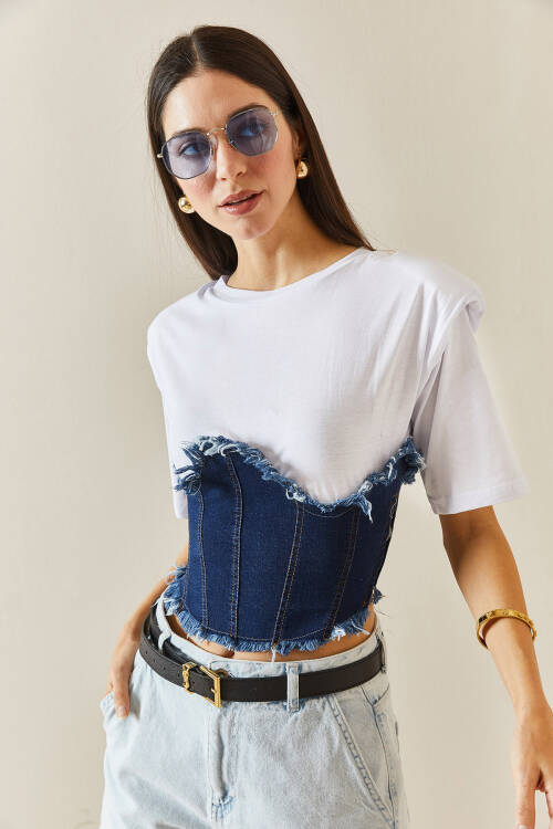 Beyaz Denim Detaylı Vatkalı Crop Tişört 5YXK1-48309-01 - 3
