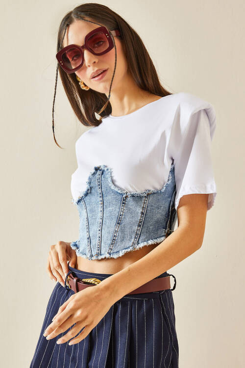 Beyaz Denim & Fermuar Detaylı Vatkalı Crop Tişört 5YXK2-48369-01 - 2