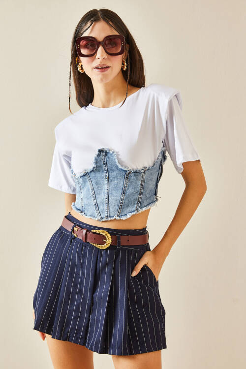 Beyaz Denim & Fermuar Detaylı Vatkalı Crop Tişört 5YXK2-48369-01 - 3