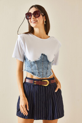 Beyaz Denim & Fermuar Detaylı Vatkalı Crop Tişört 5YXK2-48369-01 - 4