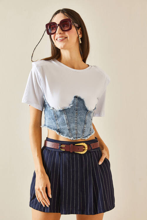 Beyaz Denim & Fermuar Detaylı Vatkalı Crop Tişört 5YXK2-48369-01 - 4