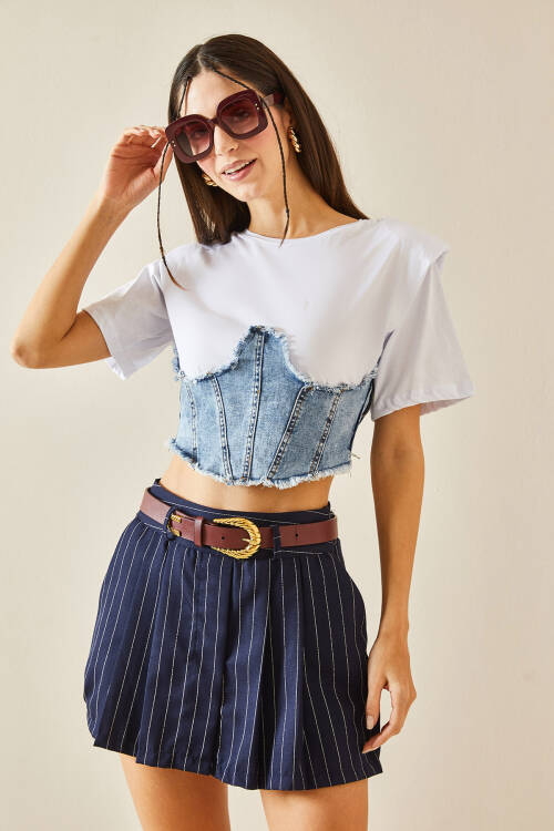 Beyaz Denim & Fermuar Detaylı Vatkalı Crop Tişört 5YXK2-48369-01 - 5
