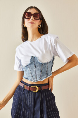 Beyaz Denim & Fermuar Detaylı Vatkalı Crop Tişört 5YXK2-48369-01 - 6