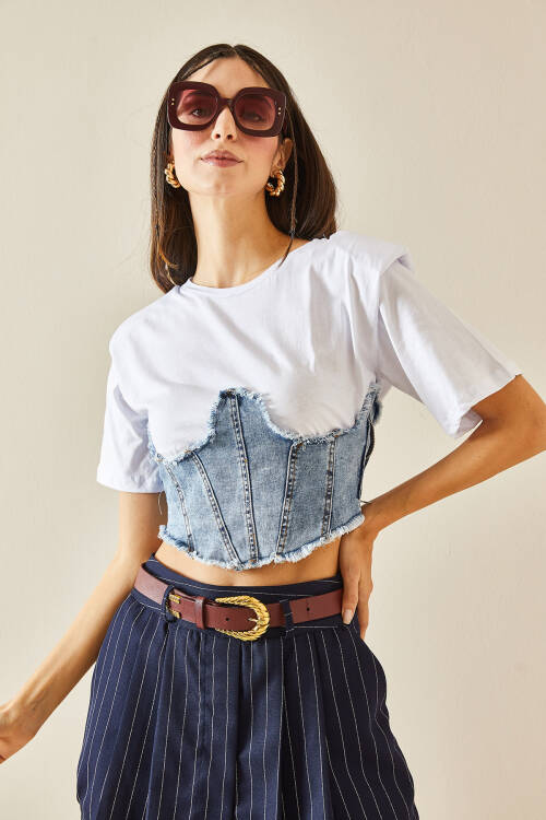 Beyaz Denim & Fermuar Detaylı Vatkalı Crop Tişört 5YXK2-48369-01 - 6
