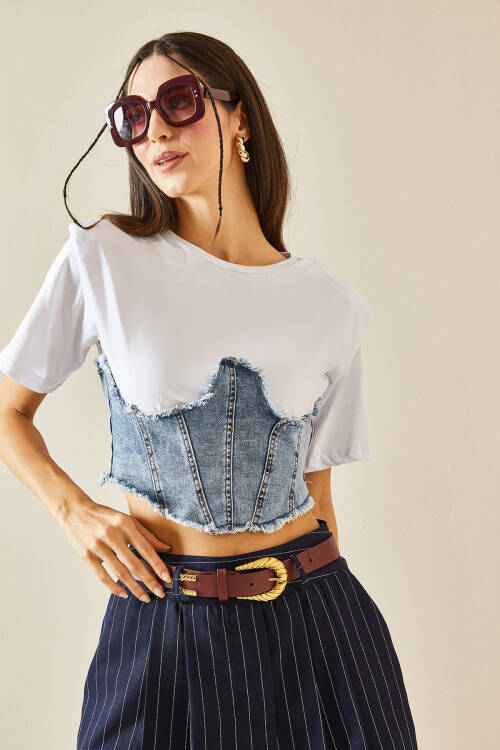 Beyaz Denim & Fermuar Detaylı Vatkalı Crop Tişört 5YXK2-48369-01 - 7