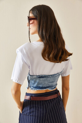 Beyaz Denim & Fermuar Detaylı Vatkalı Crop Tişört 5YXK2-48369-01 - 8