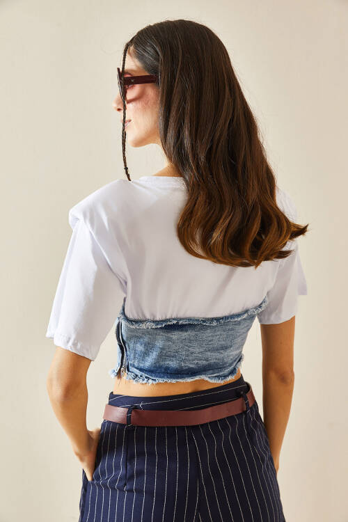 Beyaz Denim & Fermuar Detaylı Vatkalı Crop Tişört 5YXK2-48369-01 - 8
