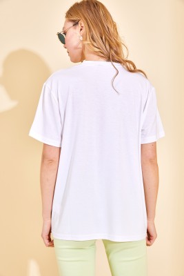Beyaz Desenli Basic Tişört 2KXK1-46009-01 - 7