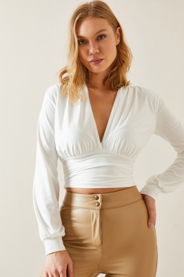 Beyaz Drape Detaylı Dekolteli Bluz 4KXK2-47693-01 - 6