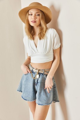 Beyaz Drapeli Crop Bluz 3YXK2-47029-01 - 2