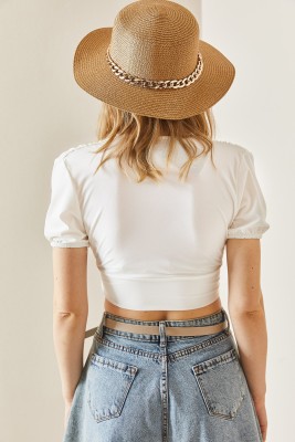 Beyaz Drapeli Crop Bluz 3YXK2-47029-01 - 6